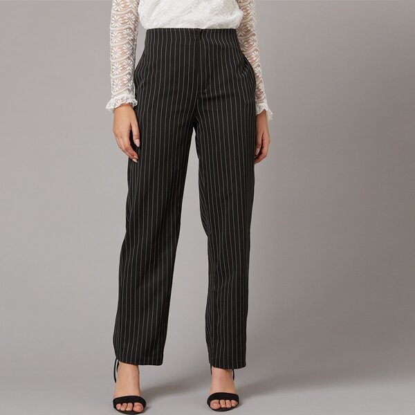 

Zipper Fly Striped Straight Leg Pants, Black