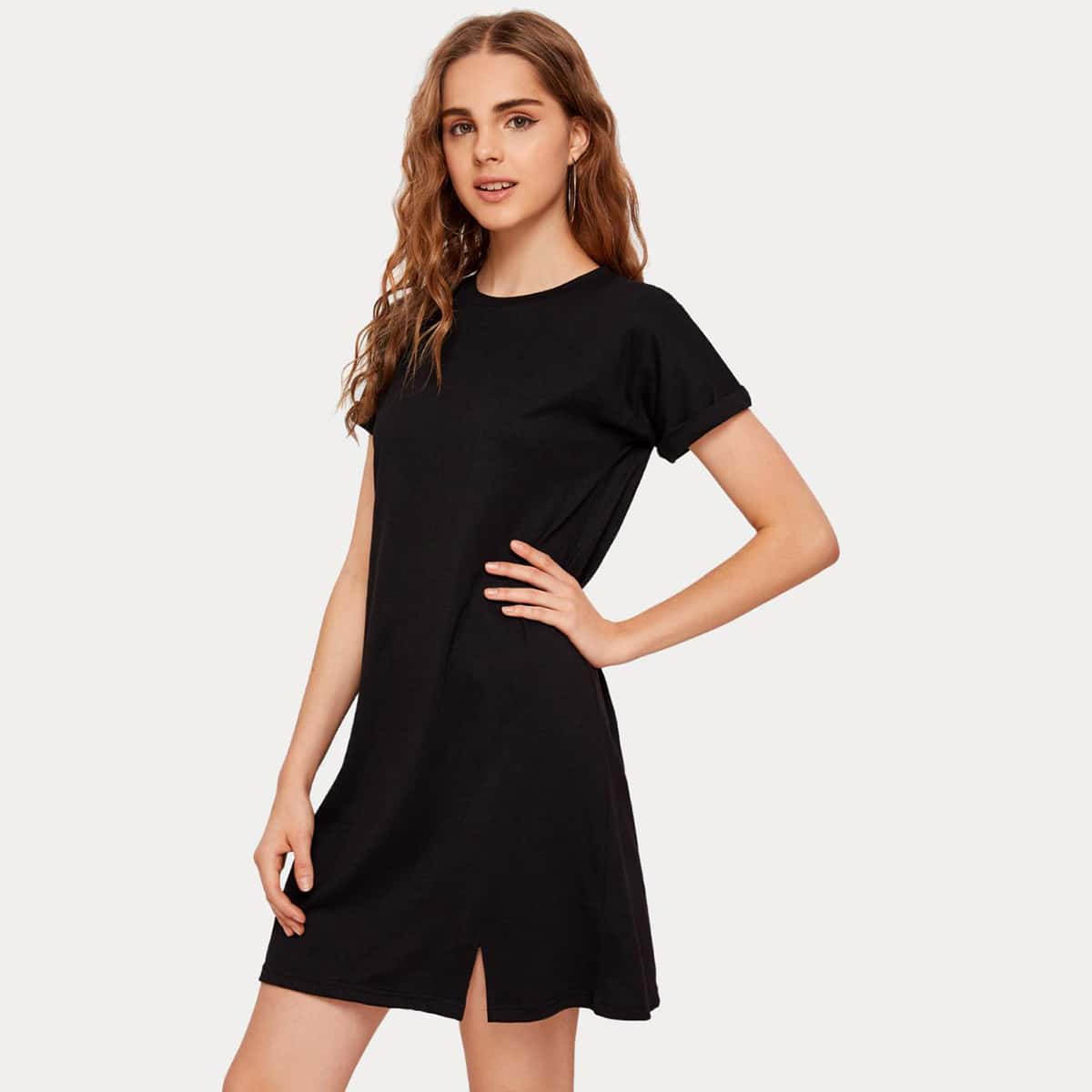 

Roll Up Sleeve Slit Tee Dress, Black