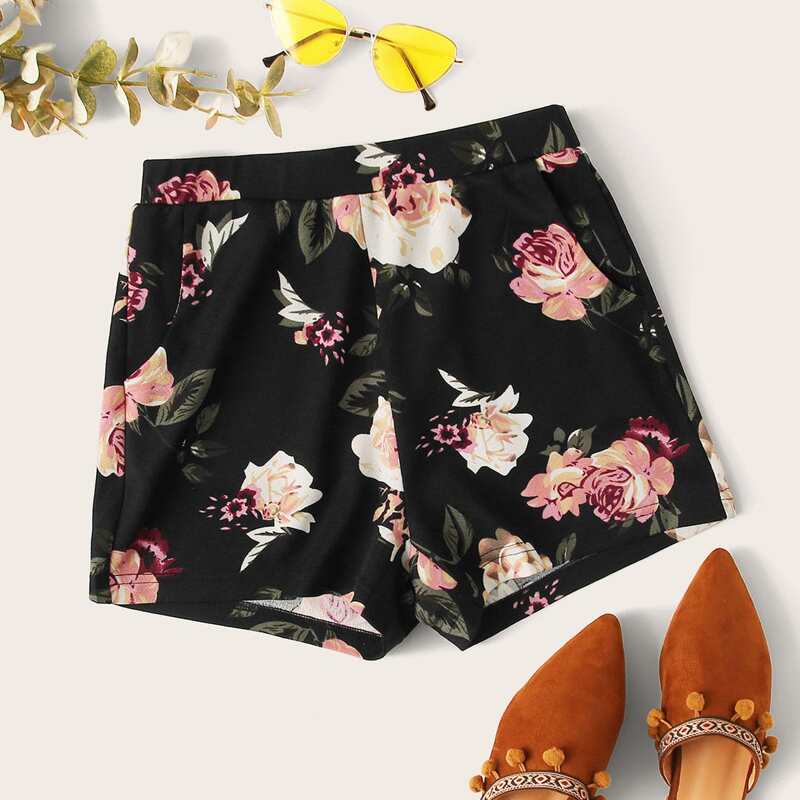 

Elastic Waist Slant Pocket Floral Shorts, Multicolor