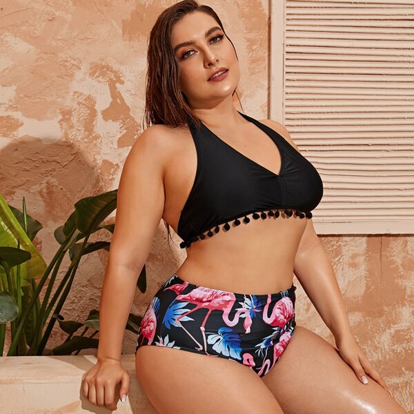 

Plus Tropical Pom-pom Hem Halter Bikini Swimsuit, Multicolor