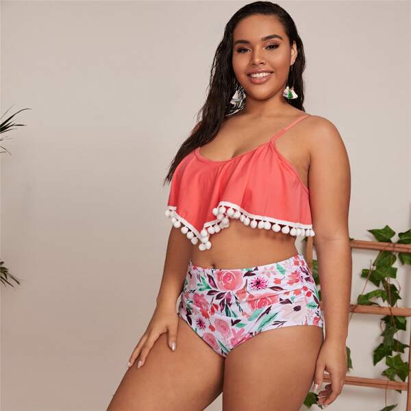

Цветочное бикини размера плюс с высокой талией, Многоцветный