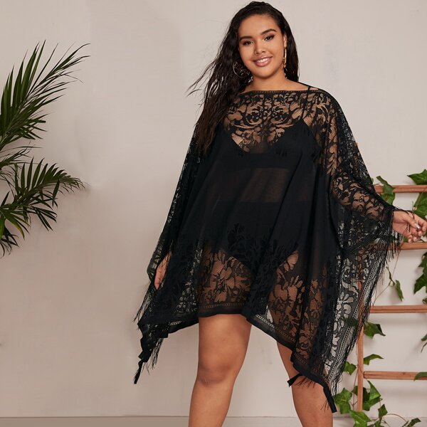

Plus Contrast Lace Fringe Mesh Cover Up, Black