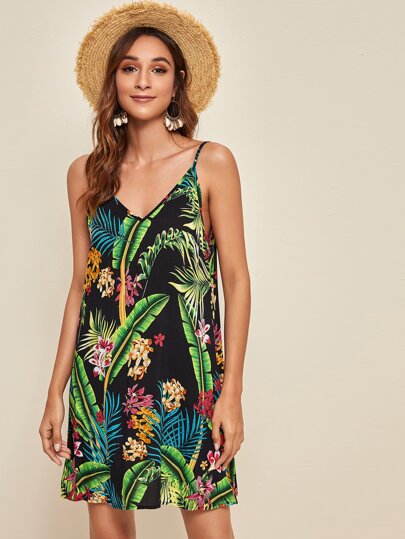 Vestido slip con estampado tropical doble escote V