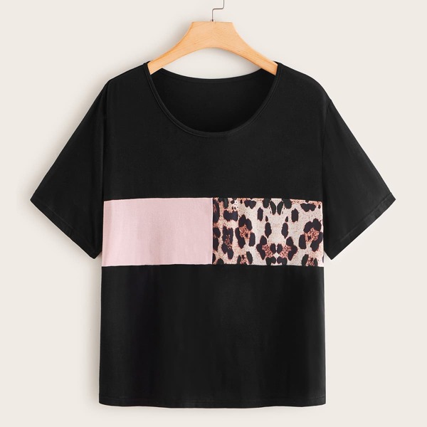 

Plus Contrast Leopard Panel Tee, Black