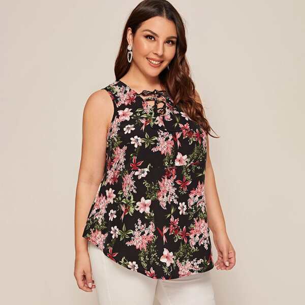

Plus Criss-cross Floral Print Blouse, Black