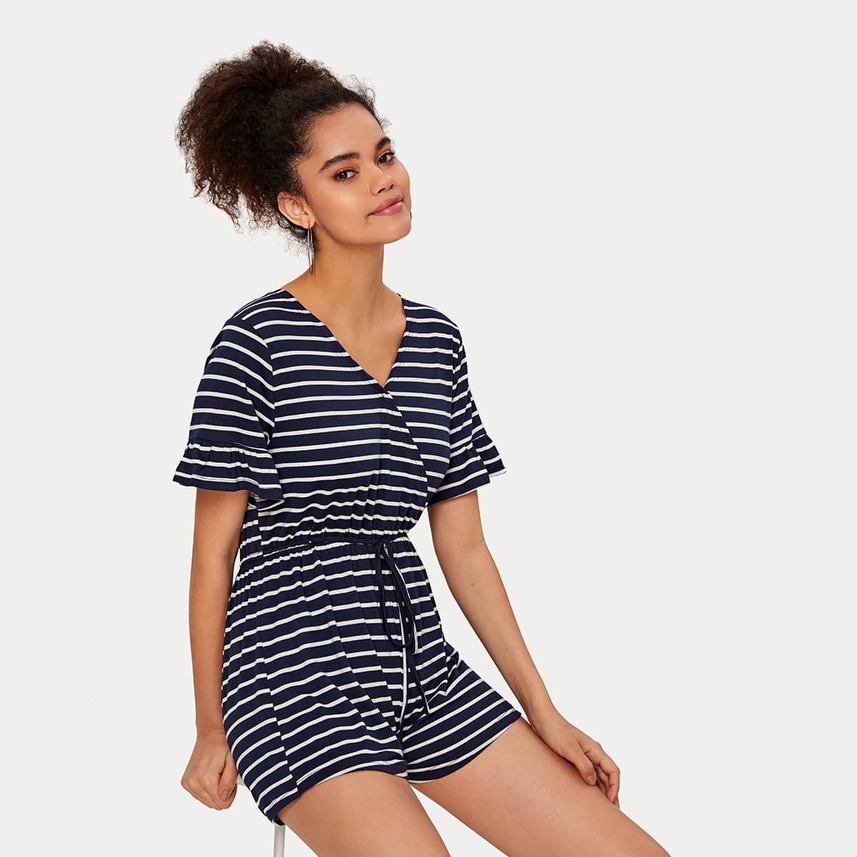 

Striped Drawstring Waist Wrap Romper, Navy