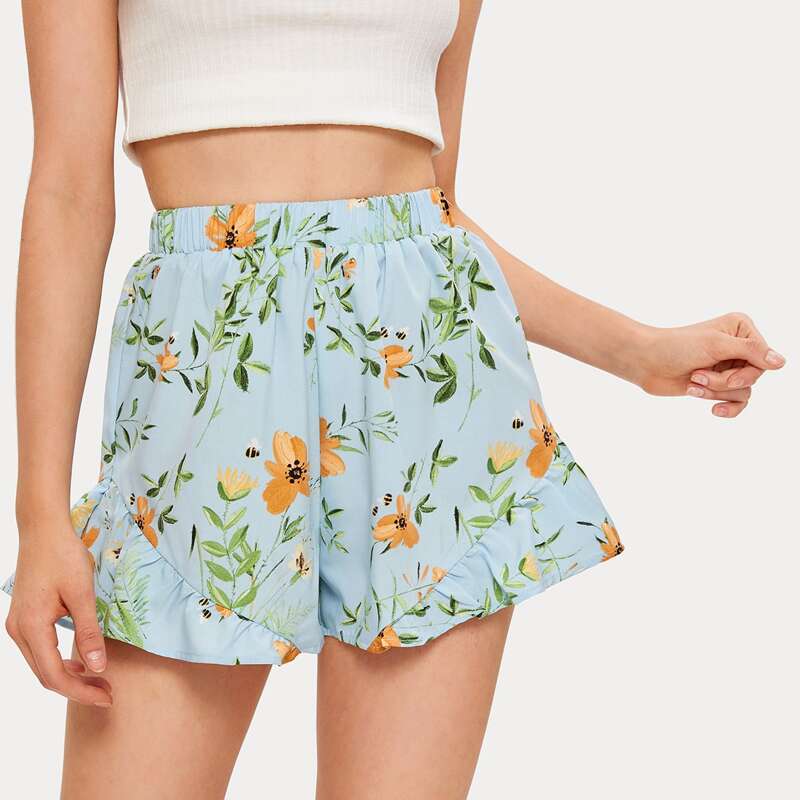

Floral Ruffle Hem Shorts, Blue