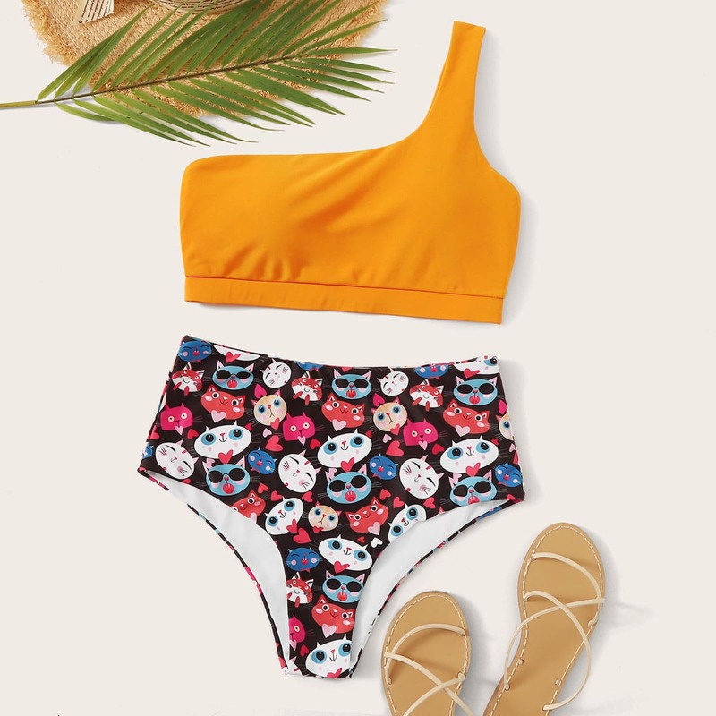 

Random Cartoon Graphic One Shoulder Bikini Swimsuit, Multicolor