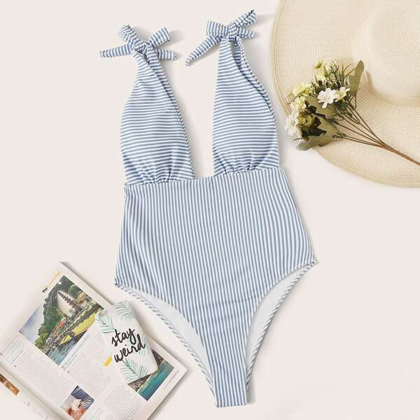 

Striped Tie Shoulder Plunging One Piece Swimsuit, Blue