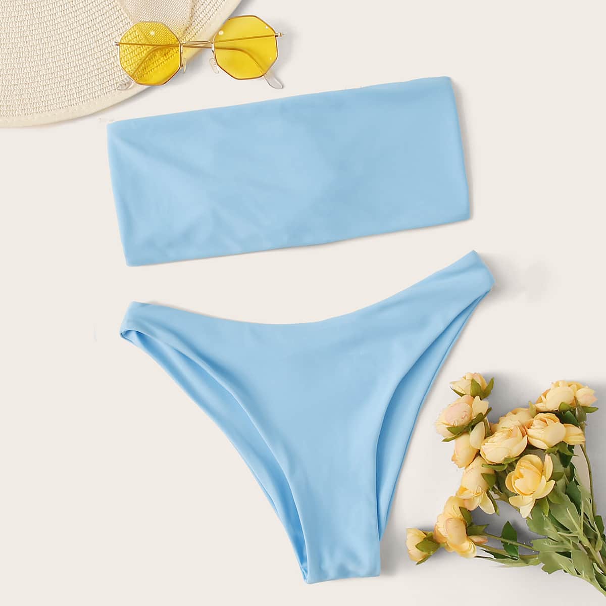 

Lace-up Back Bandeau With High Cut Bikini Set, Baby blue