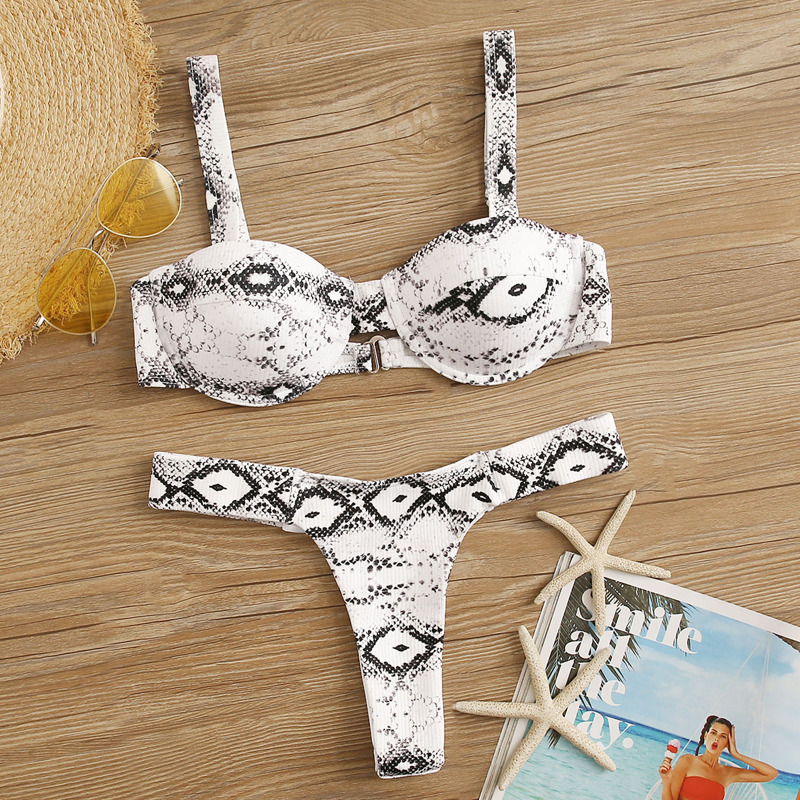 

Snakeskin Print Thong Bikini Swimsuit, Multicolor