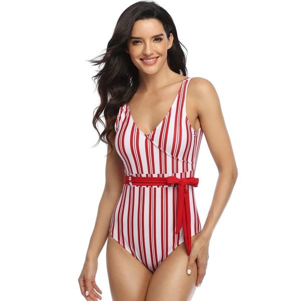

Striped Wrap Belted One Piece Swimsuit, Red