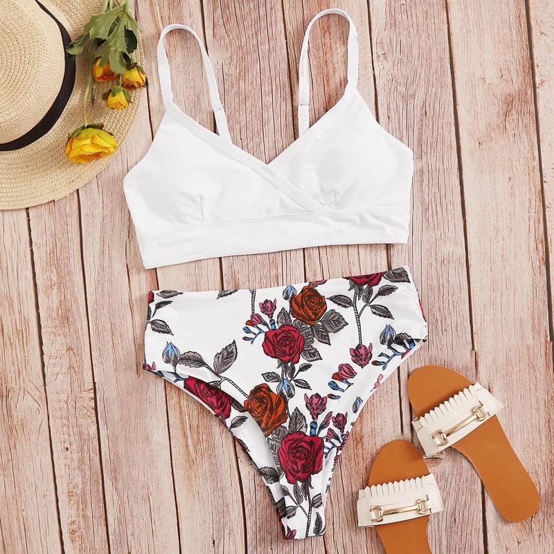 

Random Floral Surplice High Waist Bikini Swimsuit, Multicolor