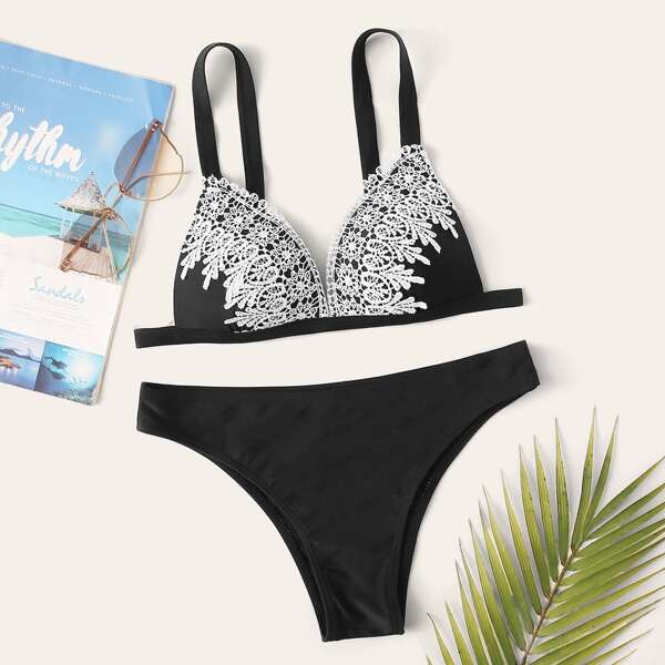 

Floral Crochet Triangle Bikini Swimsuit, Black