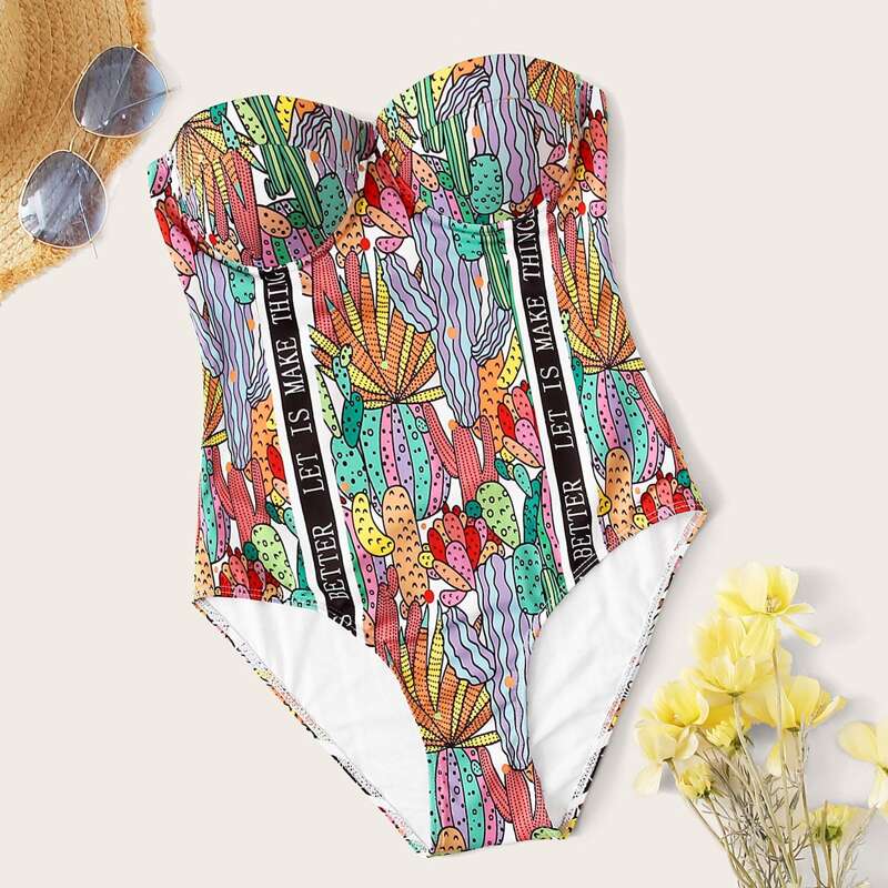 

Cartoon Graphic Underwired One Piece Swimsuit, Multicolor