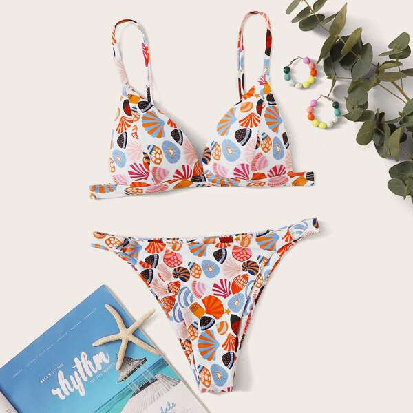 

Triangle Random Shell Print Bikini Swimsuit, Multicolor