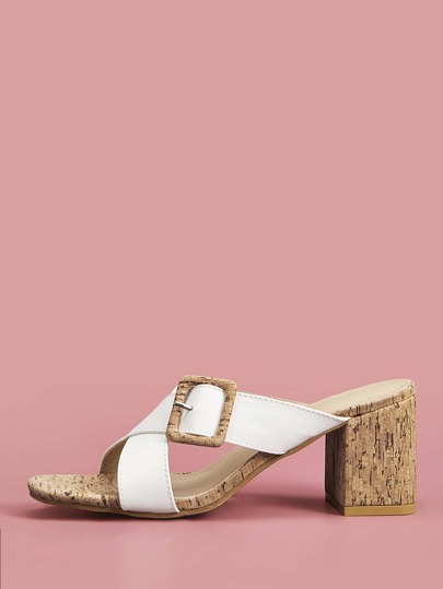 Buckle Detail Cork Heeled Mules