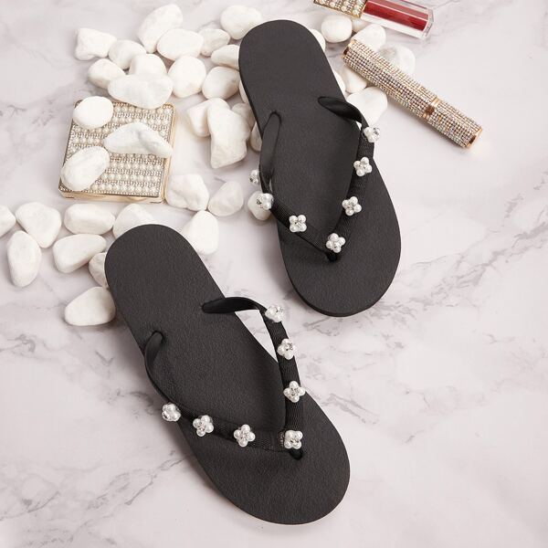 

Faux Pearl Decor Toe Post Sliders, Black and white