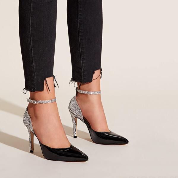 

Glitter Point Toe Ankle Strap Heels, Black