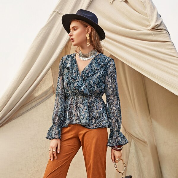 

Paisley Print Surplice Peplum Blouse, Multicolor