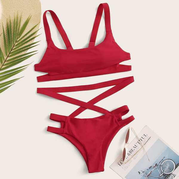 

Cut-out Criss Cross Bikini Swimsuit, Red