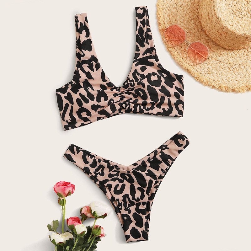 

Ruched Leopard High Leg Bikini Swimsuit, Multicolor