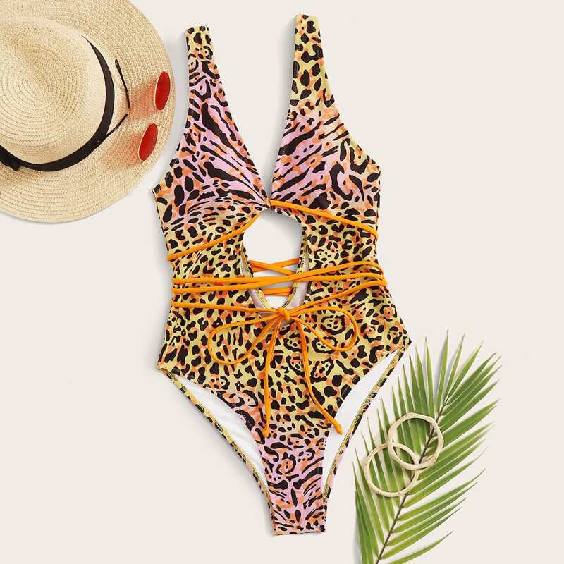 

Leopard Pattern Tie Front One Piece Swimsuit, Multicolor