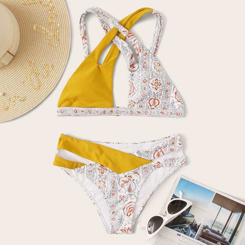 

Random Tribal Print Criss Cross Bikini Swimsuit, Multicolor