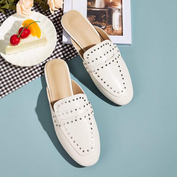 

Studded Decor Flat Mules, White