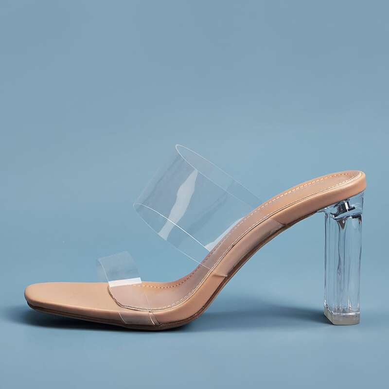 

Transparent Strap Chunky Heeled Mules, Clear
