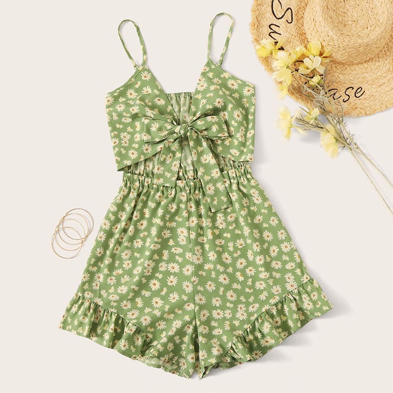 

Ditsy Floral Tie Front Cami Romper, Green