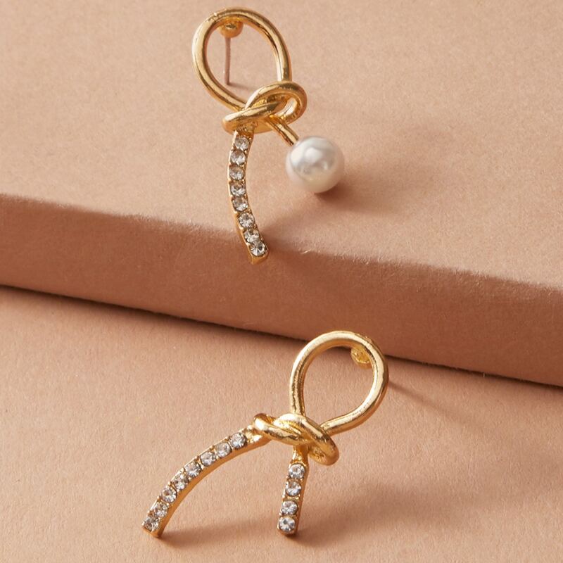 

1pair Rhinestone Engraved Knot Stud Earrings, Gold