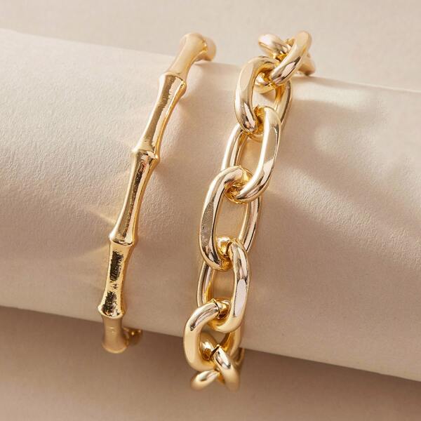 

2pcs Bamboo Joint & Chain Bracelet, Gold