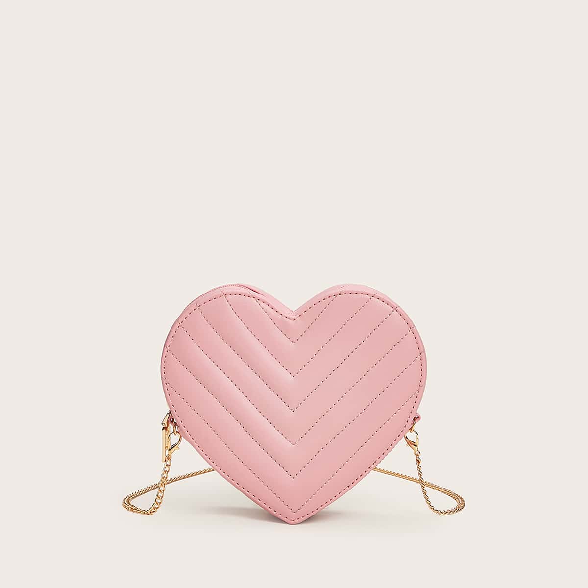

Chevron Heart Shaped Chain Crossbody Bag, Pink