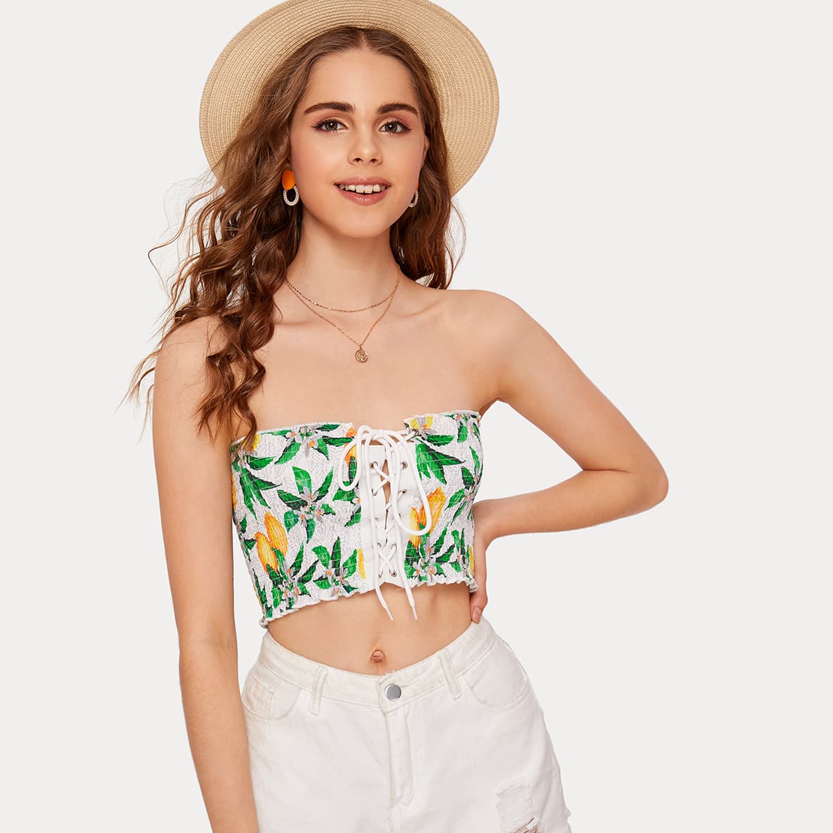 

Tropical Lace Up Front Shirred Tube Top, Multicolor
