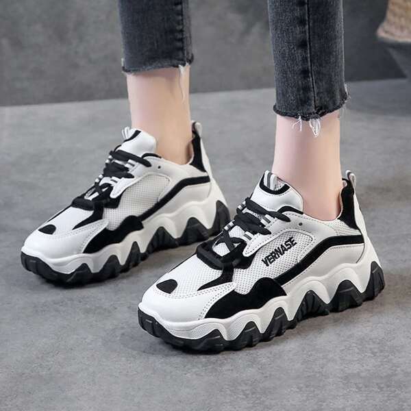 

Letter Embroidered Mesh Panel Chunky Sneakers, Black and white