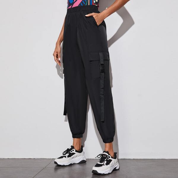 

Elastic Waist Push Buckle Detail Flap Pocket Cargo Pants, Black