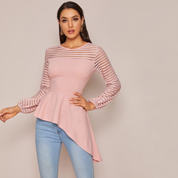 

Glitter Striped Sleeve Asymmetrical Hem Peplum Top, Pastel baby pink