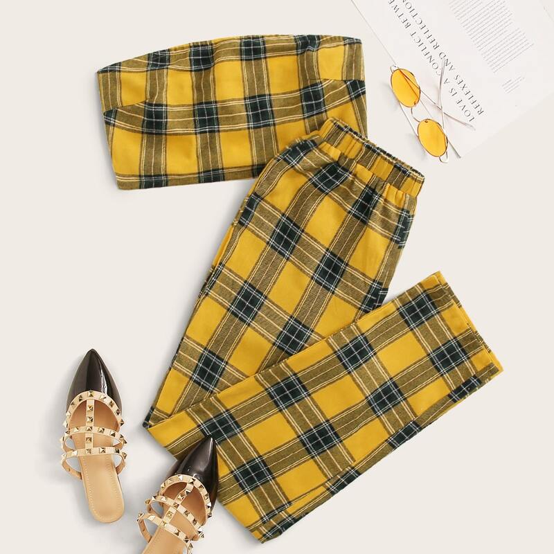 

Tartan Print Crop Tube Top & Pants Set, Yellow