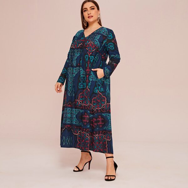 

Plus V-Neck Aztec Print Dress, Multicolor