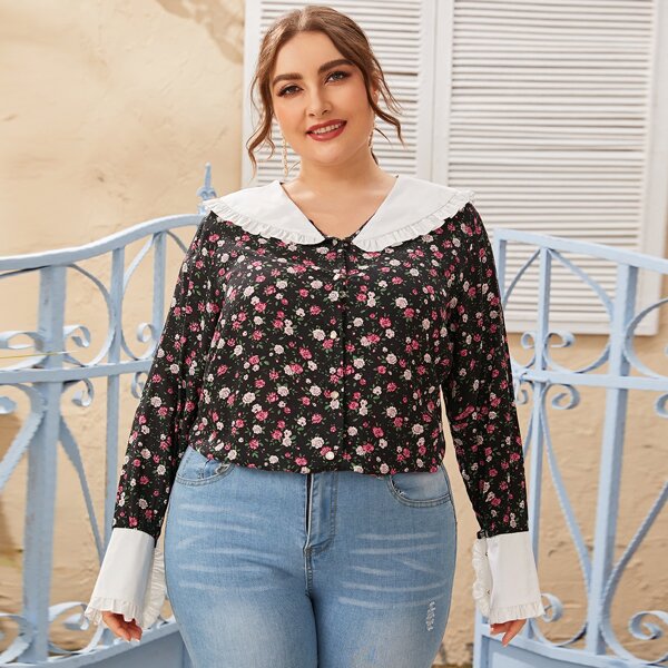 

Plus Allover Floral Print Peter Pan Collar Blouse, Black