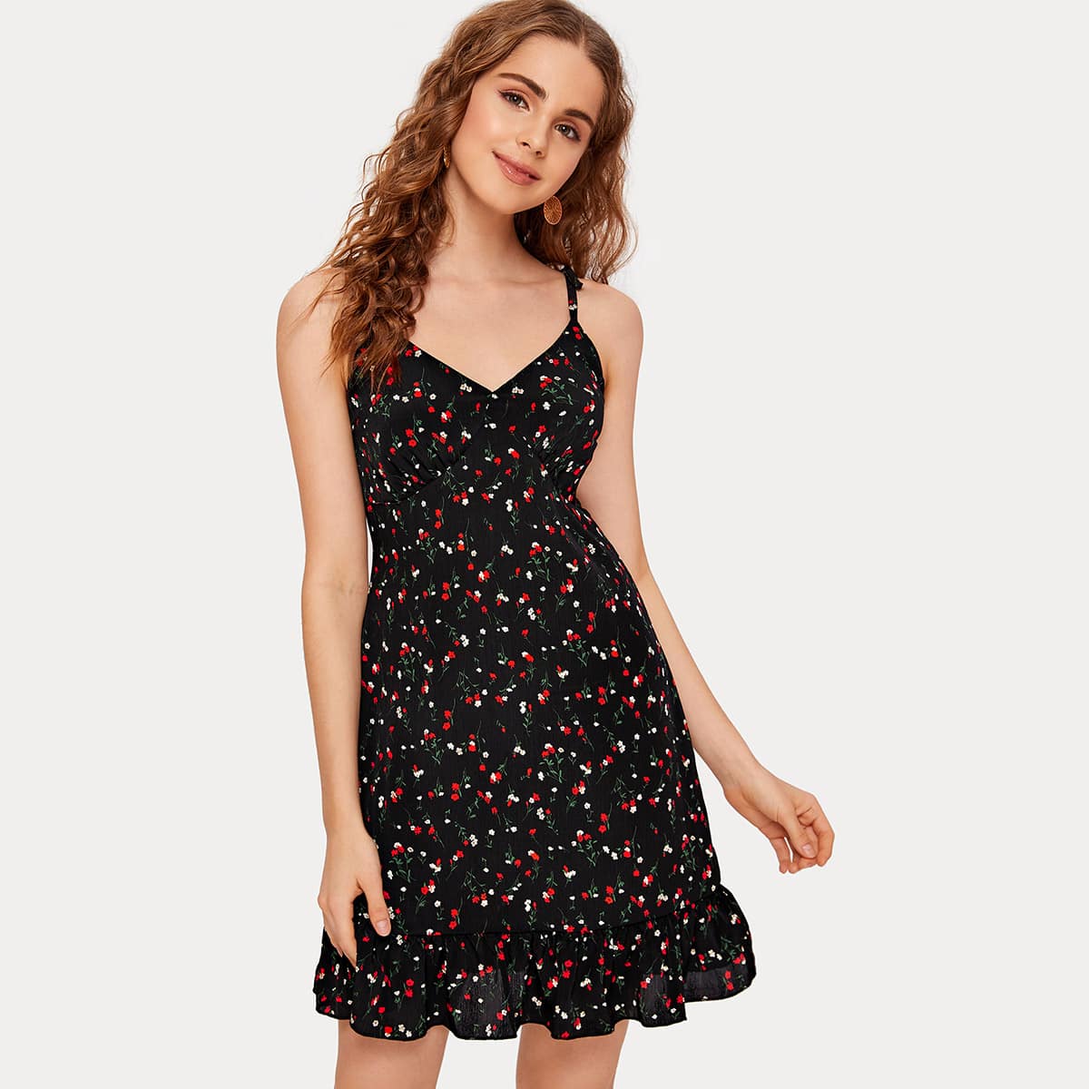 

Ditsy Floral Ruffle Hem Chiffon Cami Dress, Black