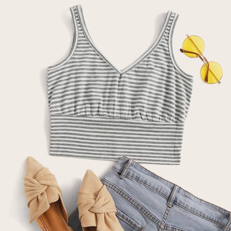 

Striped Wide Hem Crop Cami, Grey