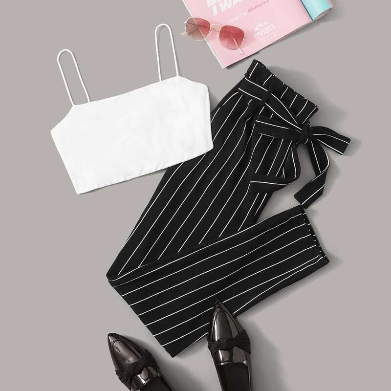 

Crop Cami Top & Belted Striped Pants Set, Black and white
