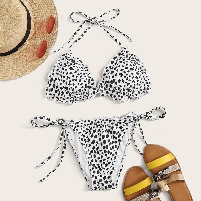 

Dalmatian Halter Top With Tie Side Bikini Set, Black and white