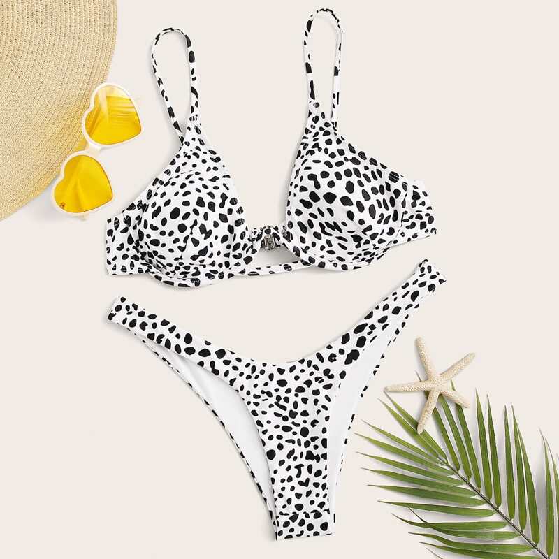 Dalmatian High Cut Bikini Swimsuit, Black and white