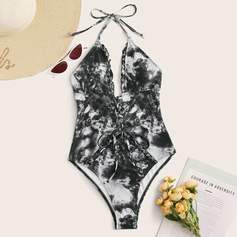 

Lace Up Tie Dye Halter One Piece Swimsuit, Multicolor