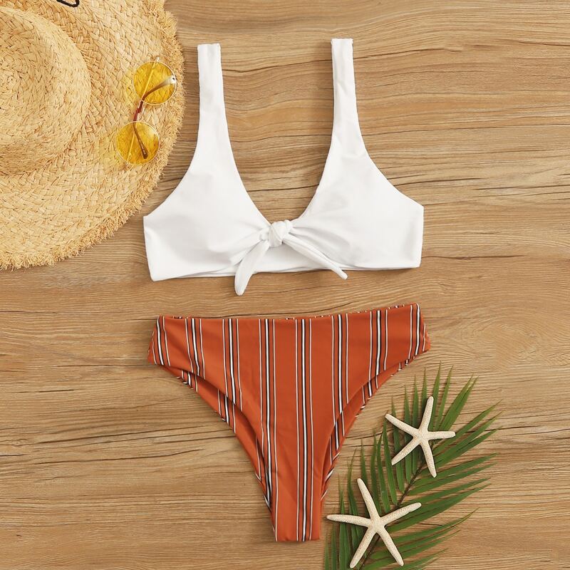 

Knot Front Striped High Leg Bikini Swimsuit, Multicolor
