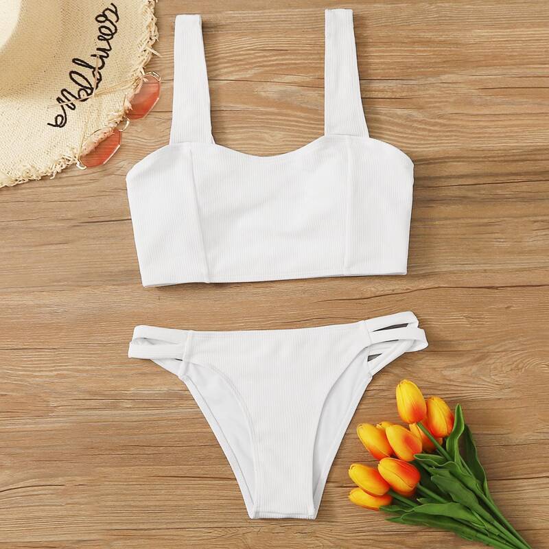 

Ribbed Cutout Side Bikini Swimsuit, White