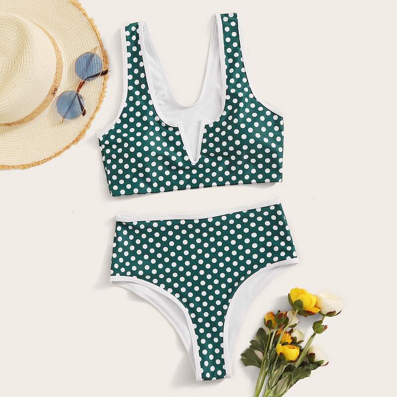 

V-wired Polka Dot Contrast Binding Bikini Swimsuit, Green